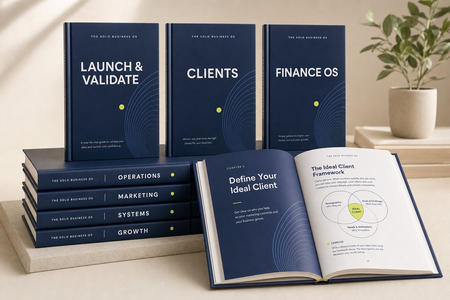 The seven Solo Business OS playbooks, deep-navy hardcover guides, arranged together on a desk