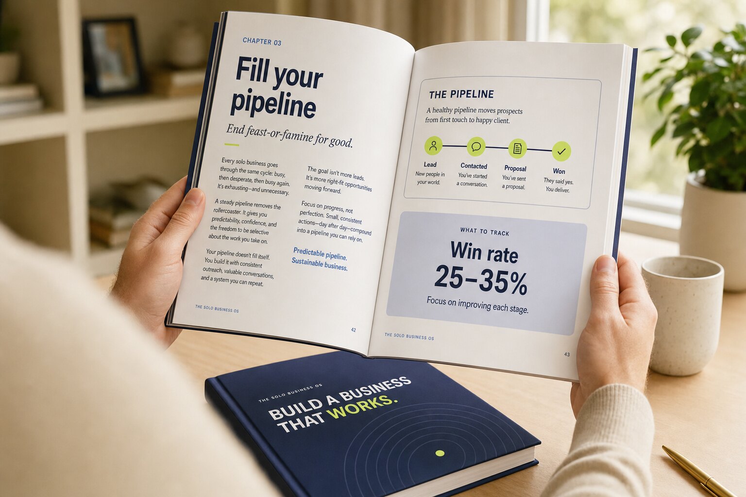 The Clients OS playbook open to the Fill Your Pipeline chapter, held in two hands, showing the pipeline stages and win-rate