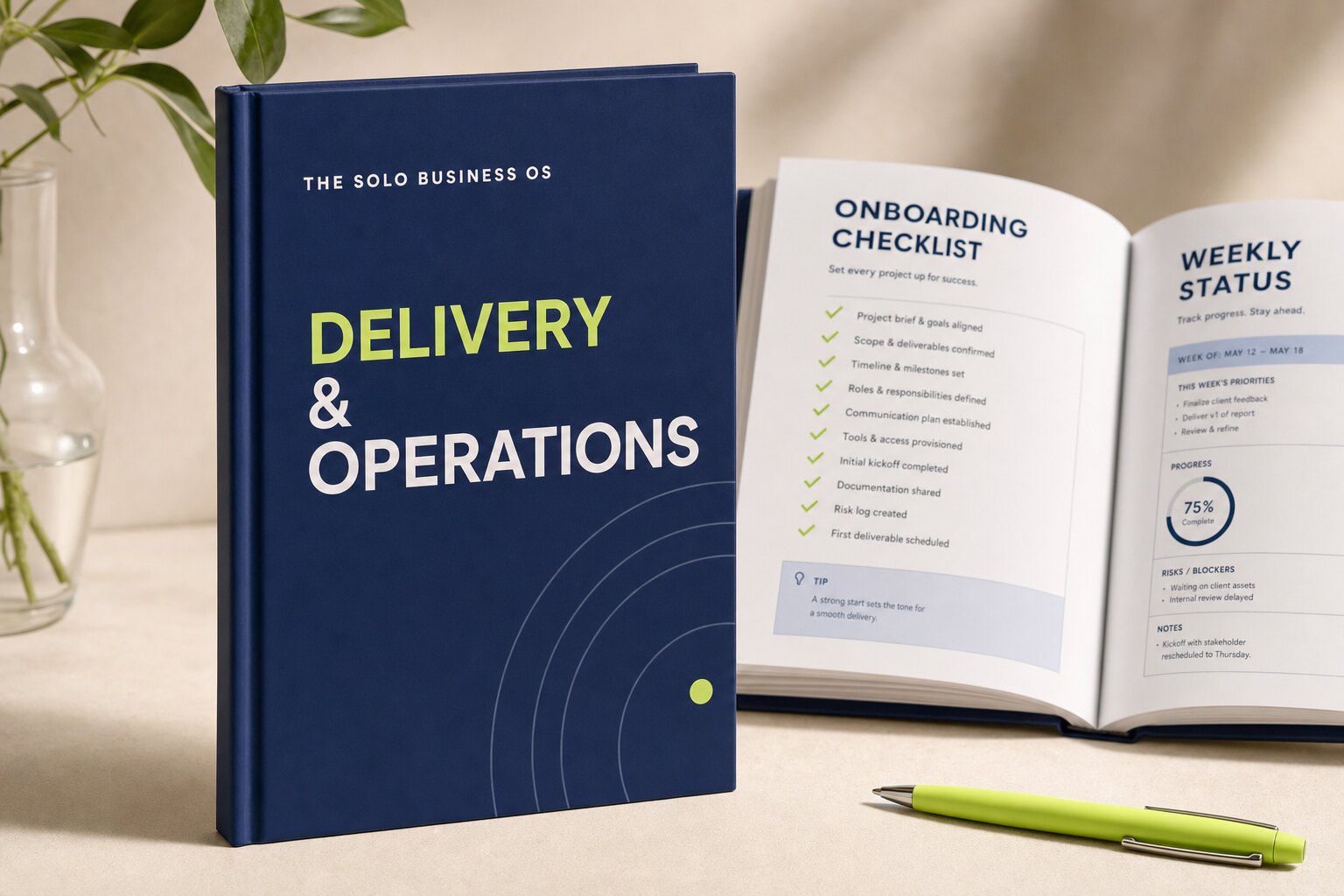 The Delivery & Operations OS playbook standing as a hardcover, with an open copy behind showing the onboarding checklist