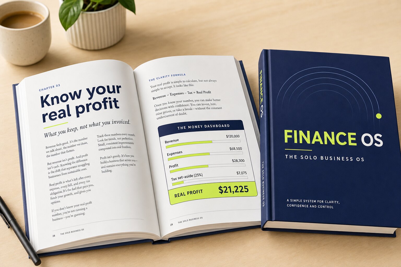 The Finance OS playbook open to the Know Your Real Profit chapter, showing the Money Dashboard with a highlighted real-profit figure