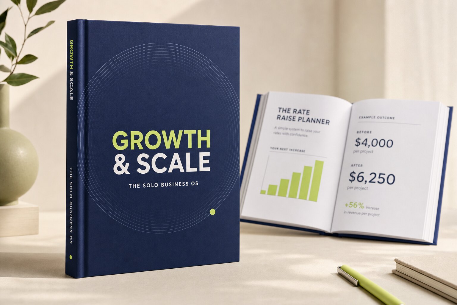 The Growth & Scale OS playbook standing as a hardcover, with an open copy showing the Rate Raise Planner chart
