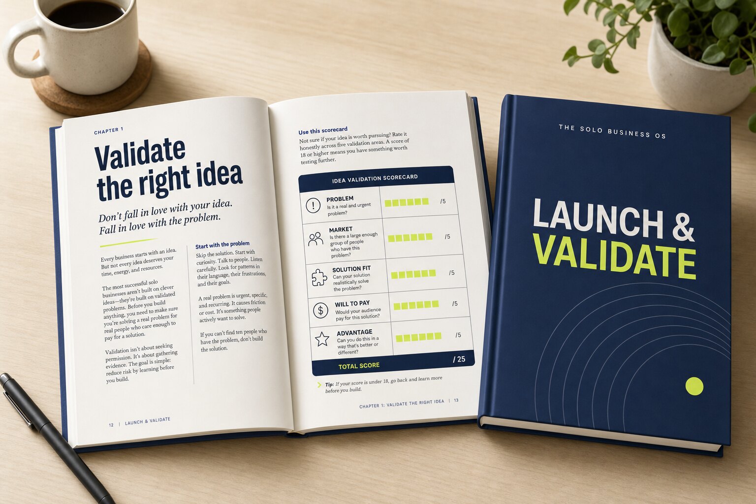 The Launch & Validate OS playbook open to the Validate the Right Idea chapter, with a printed idea-validation scorecard