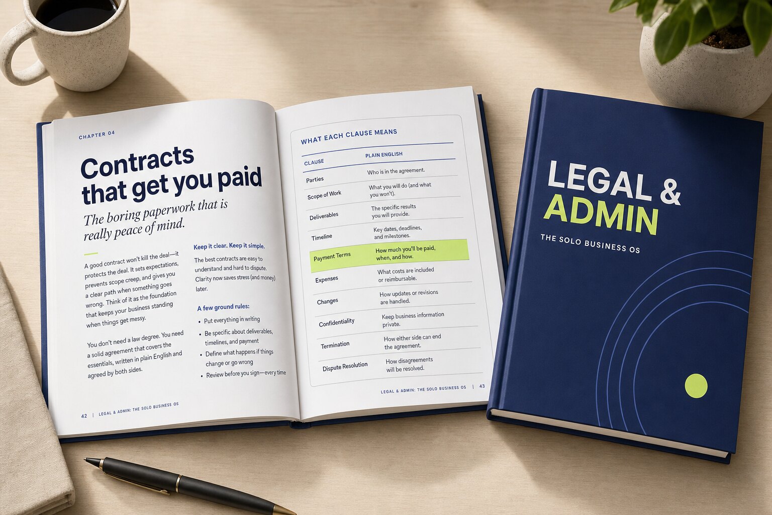 The Legal & Admin OS playbook open to the Contracts chapter, showing a plain-English clause table, beside the closed hardcover
