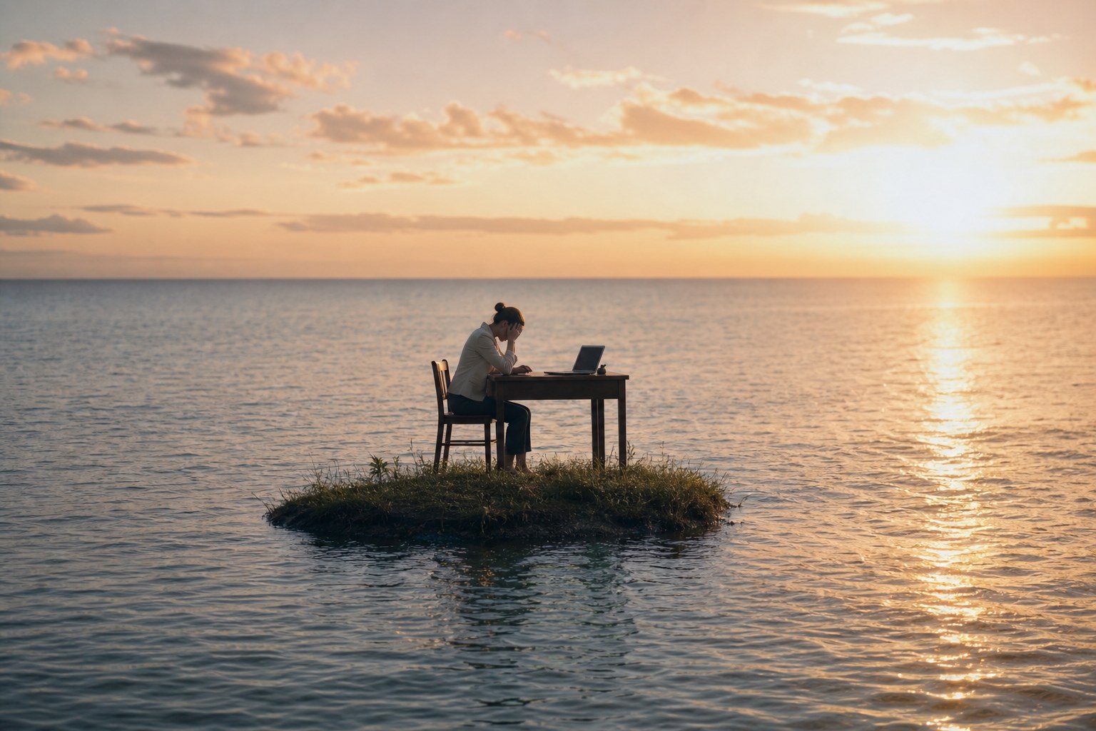 A woman sits at a desk with her head in her hands, the desk on a tiny grass island barely bigger than it, calm ocean to the horizon at golden hour