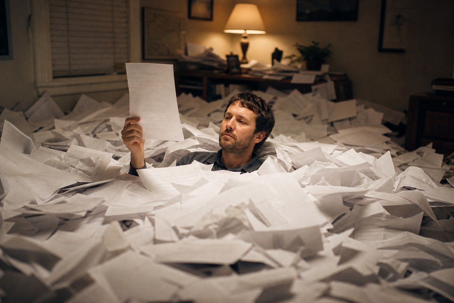 A man buried to the chest in an avalanche of white paper in a small home office, calmly holding one page up in warm lamp light