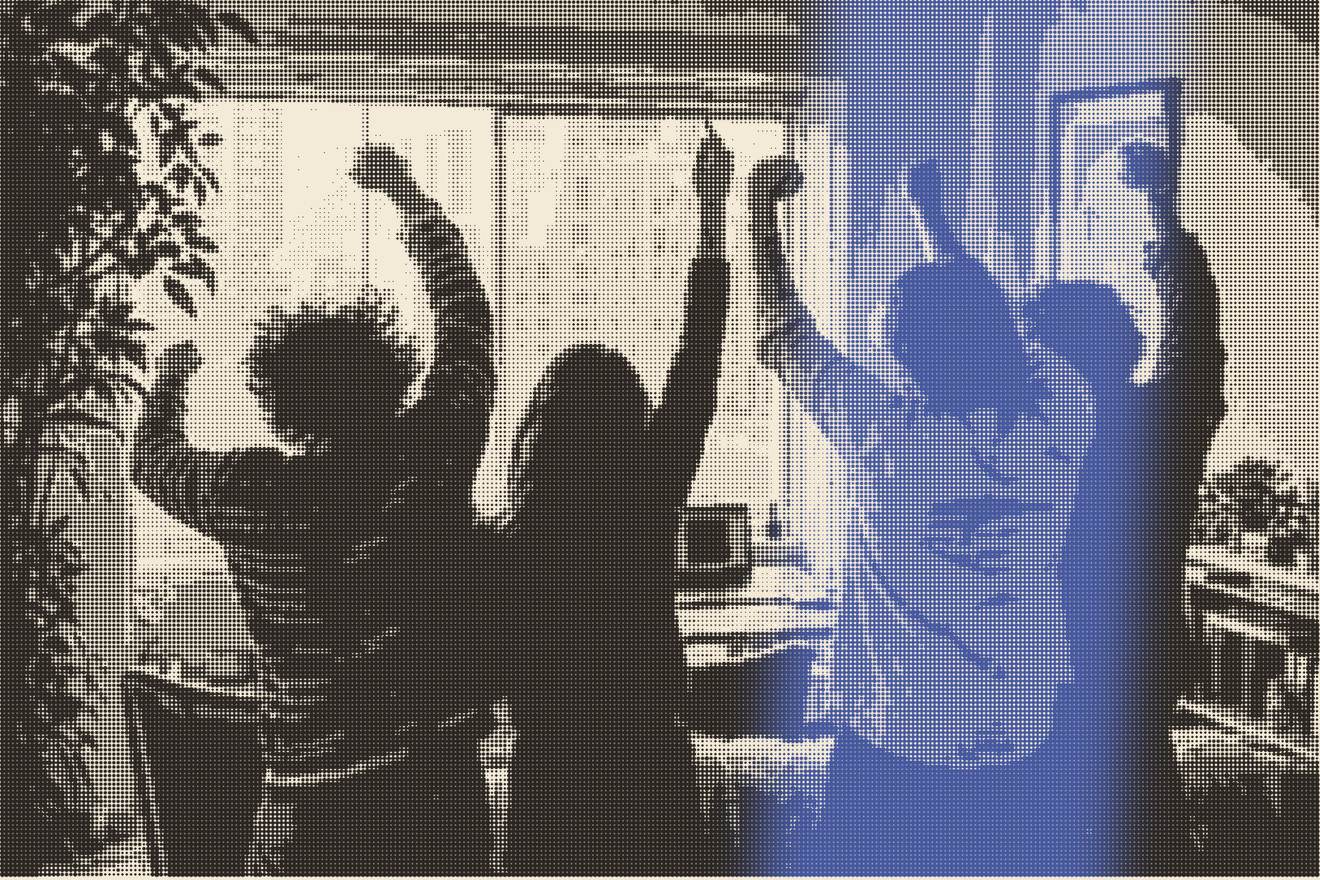 A halftone newsprint style photo of friends celebrating with their arms up in a living room, seen from behind, a laptop open on the desk