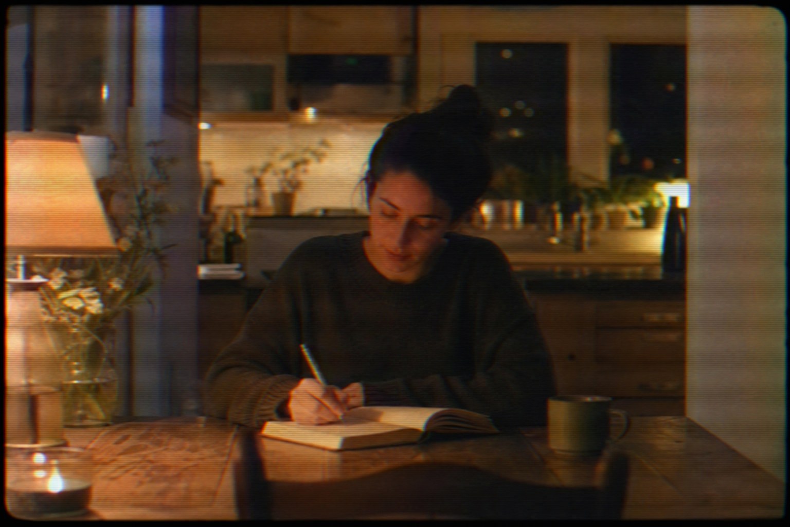 A grainy VHS home video still of a person writing in a notebook at a kitchen table at night under a warm lamp