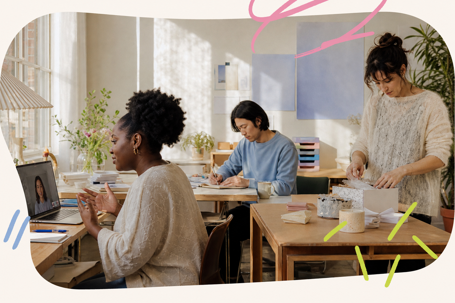 Three independent business owners at work in a sunlit studio: one on a client video call, one making notes, and one packing an order