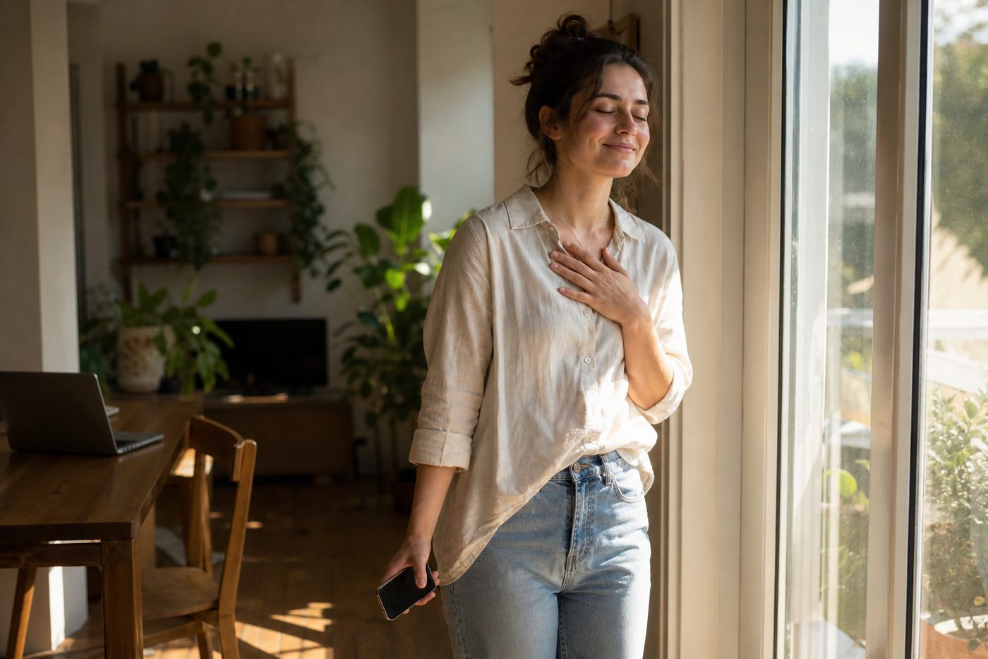 A person standing by a bright window, phone at their side, eyes closed with a small disbelieving smile, hand on their chest