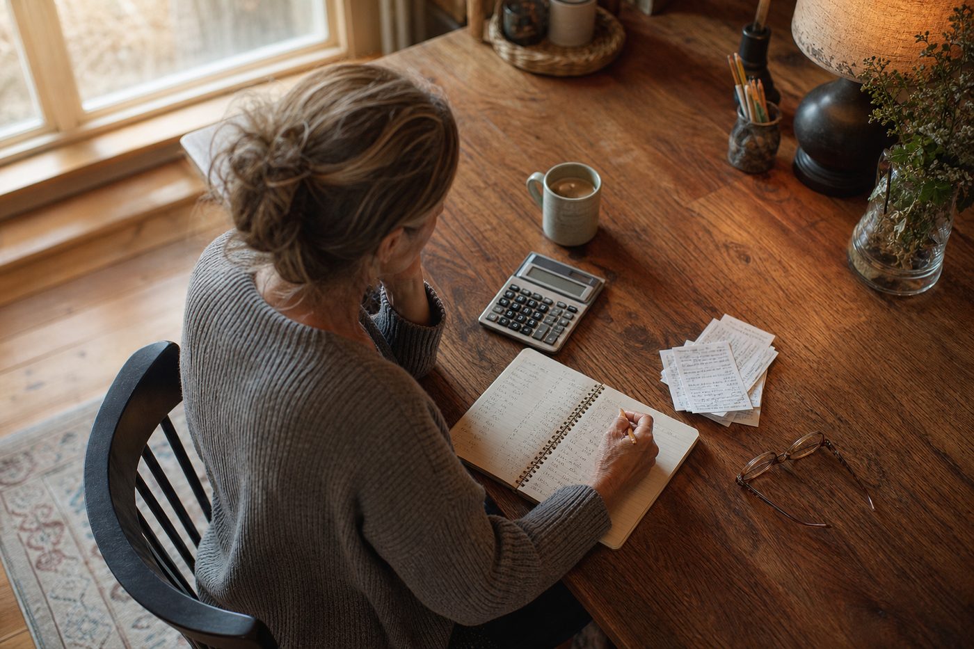 A plain wooden table with an open notebook, a calculator, a small stack of receipts and reading glasses, one hand mid-note