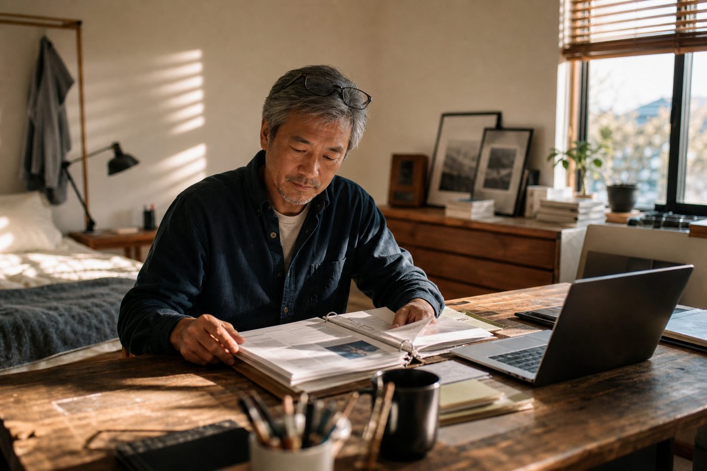 A grey-haired man in a spare-bedroom workspace with a hand resting on a ring binder of printed pages, afternoon sun through blinds