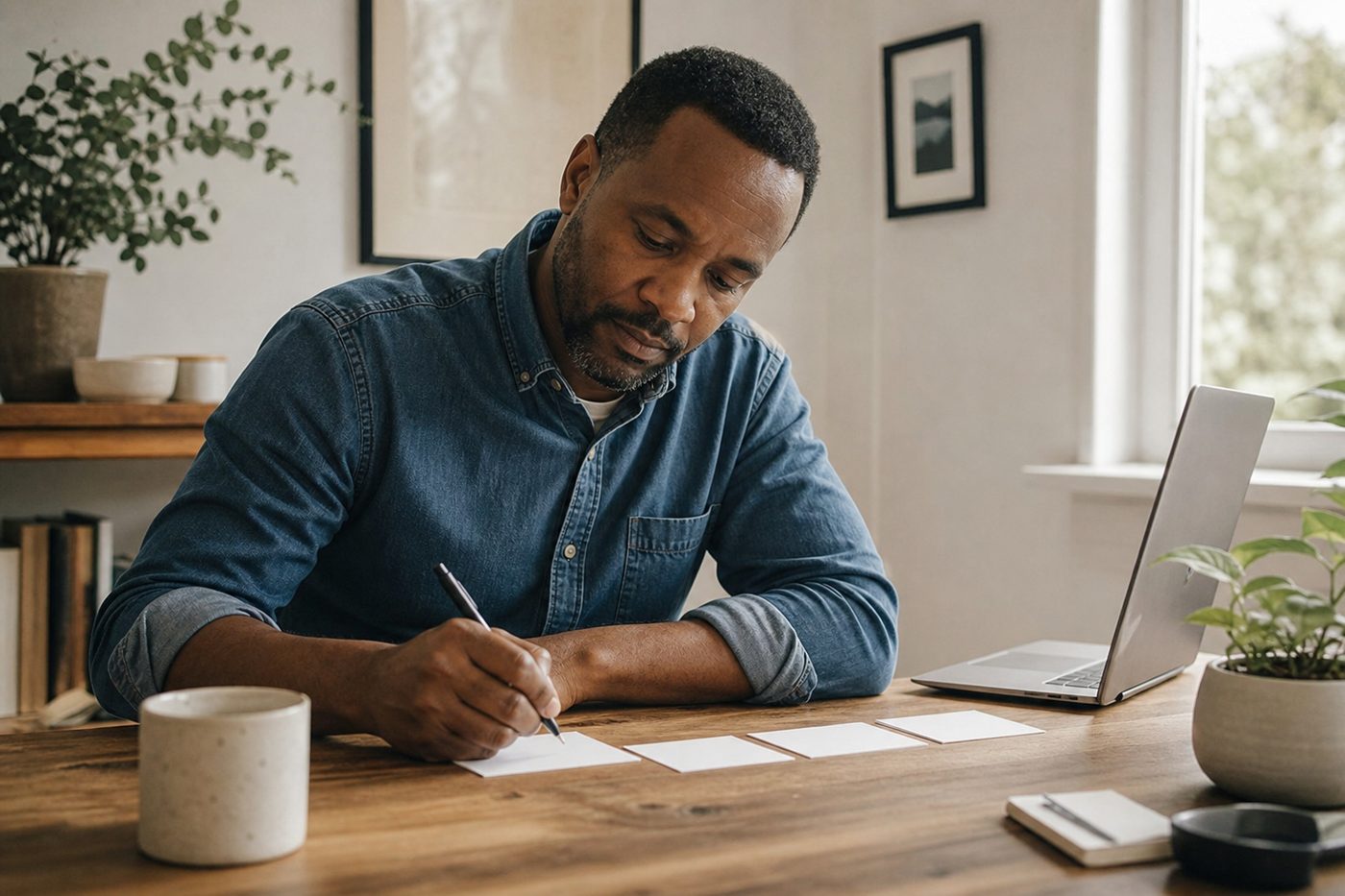 A man at a tidy home desk writing a plan on paper index cards laid out in a row, laptop pushed aside
