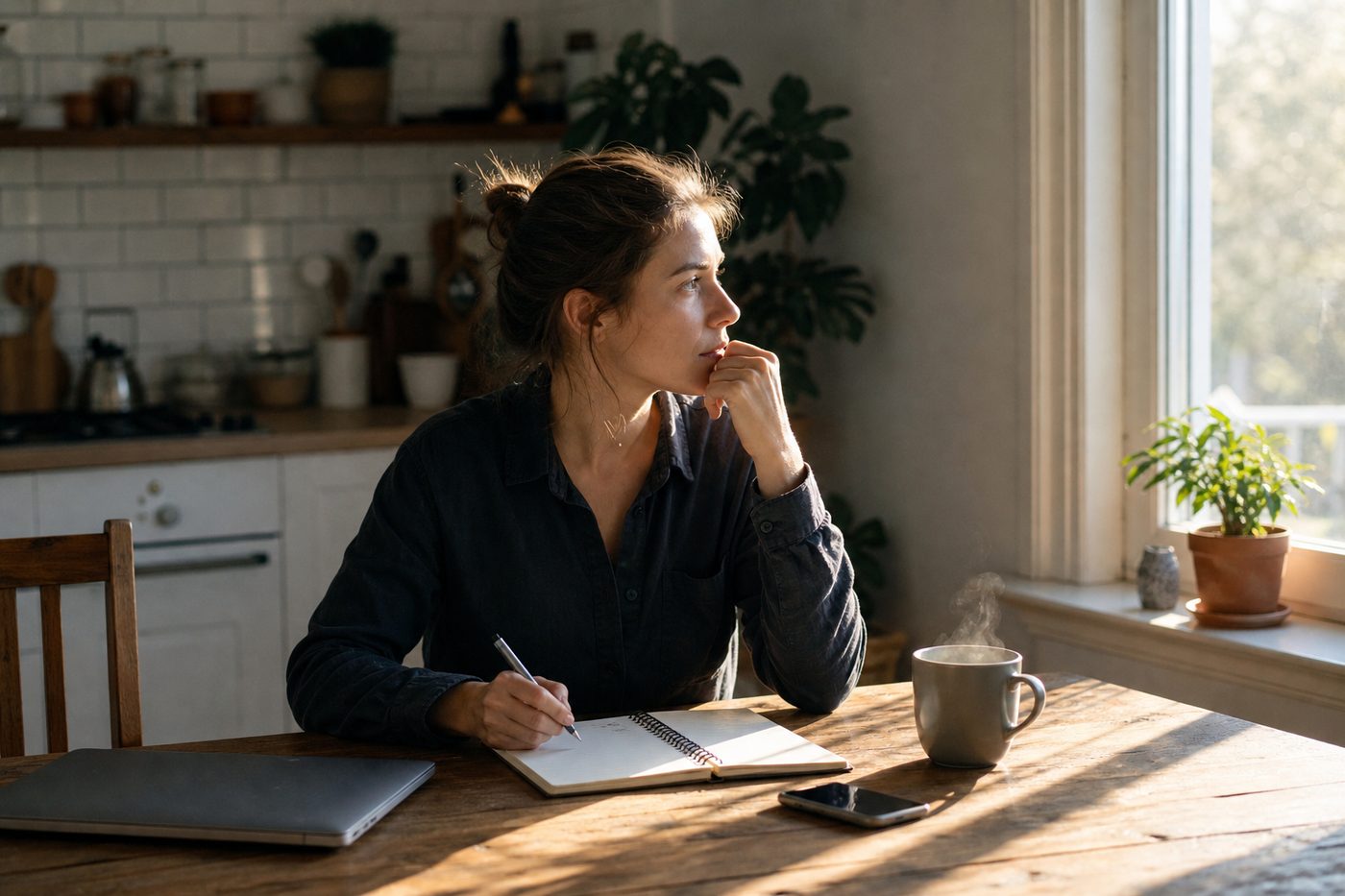 A person alone at a kitchen table at sunrise, notebook open to a blank page, coffee steaming, about to start