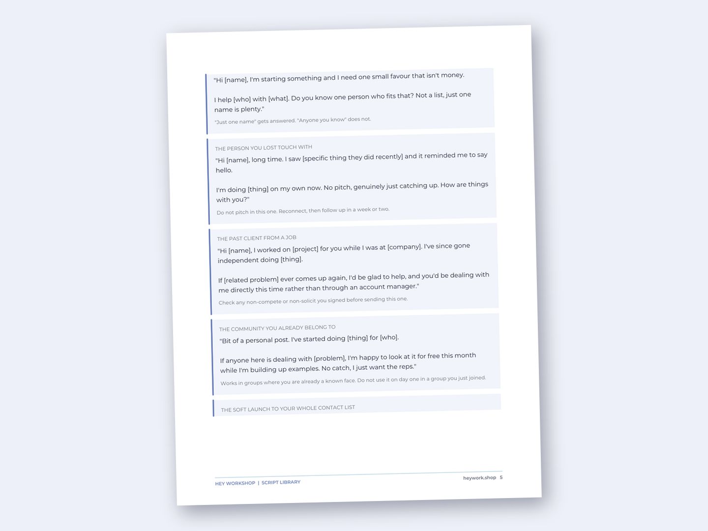 A real page from the Script Library: warm outreach scripts, word for word