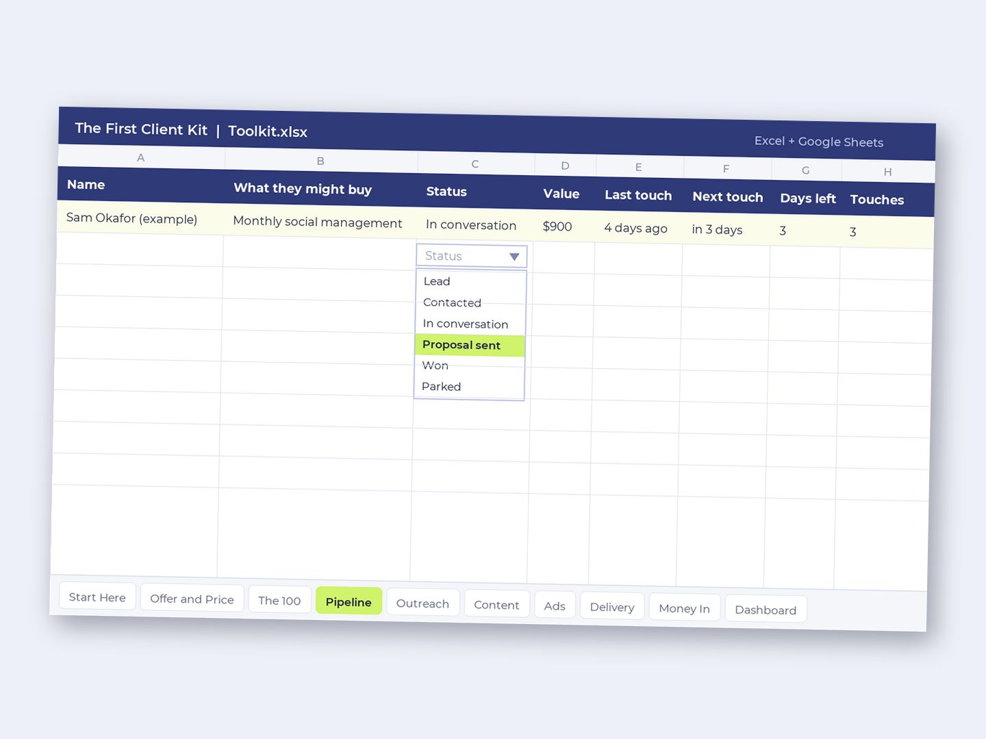 The First Client Kit Toolkit spreadsheet: the Pipeline tab with its ten tabs along the bottom
